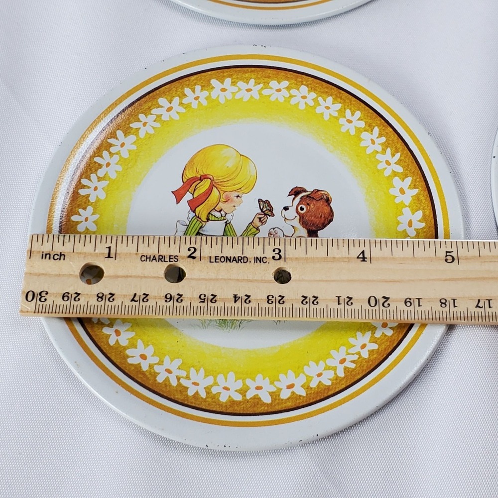 VTG Holly Hobbie Friends 70s Litho Metal Play Tea Set Plates Pretend Doll Lot 12 - Picture 6 of 16